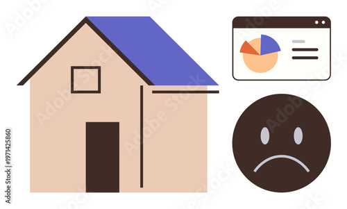 Real estate, housing issues, market trends, financial analysis, investment, economic impact. A house, a sad face and a chart market data. Real estate and housing issues concept