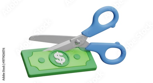 Cutting costs, saving money with scissors and dollar bill