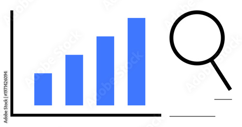 Growth bar chart and magnifying glass symbolize analysis, progress, and insights. Ideal for business, research, statistics, growth tracking, finance education and reporting. Simple flat metaphor