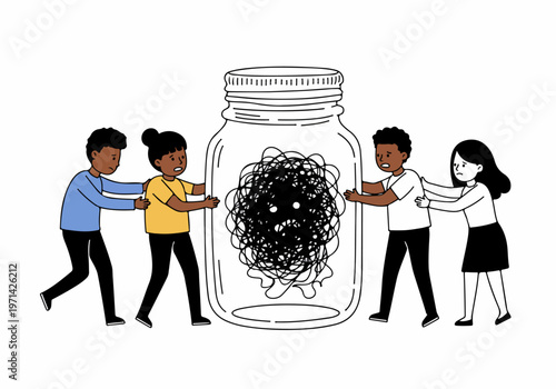 Illustration of diverse people working together to contain a scribbled monster representing anxiety and chaotic thoughts inside a large glass jar.
