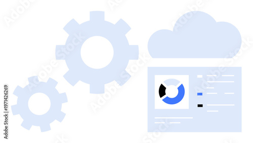 Cloud technology. Cloud icons paired with system gears and analytics dashboard cloud technology. Cloud computing improves data accessibility and operational efficiency. For tech, IT, innovation, data