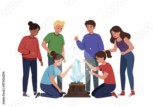 A group of diverse teenagers curiously examining a large glowing blue crystal on a tree stump in a flat illustration style.
