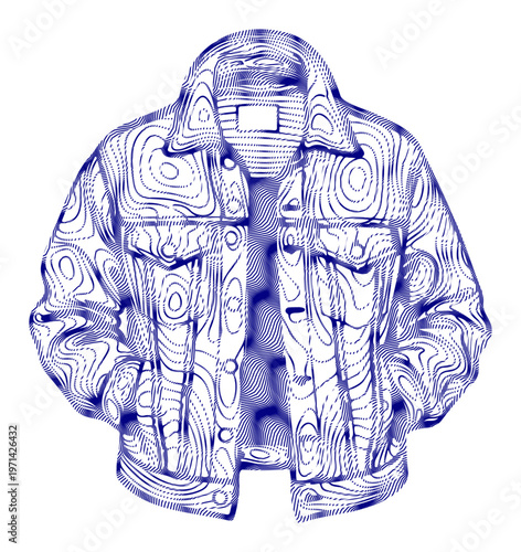 Topographic denim jacket, blue line art coat, wavy pattern outerwear