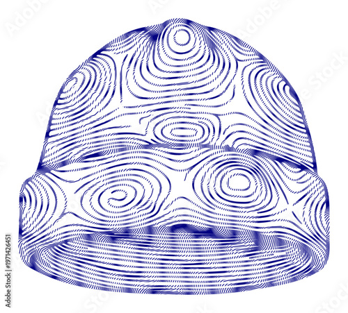 Blue topographic beanie, vector hat illustration, topographic lines pattern, fashion accessory
