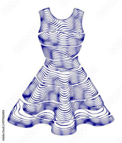 Abstract blue dress icon, wavy line art apparel, fashion design element