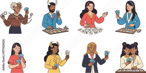 Zodiac characters with playing cards represent divination.