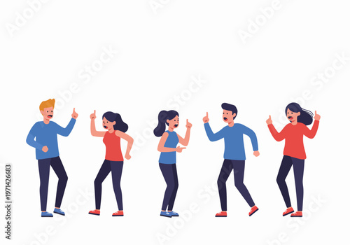 Group of diverse people arguing and shouting with pointing gestures in a flat illustration style on white background.
