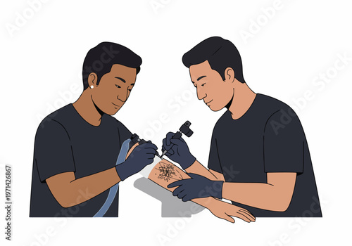 Illustration of two tattoo artists collaborating on a detailed floral arm tattoo design, isolated on a clean white background.
