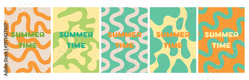Set of Summer Time Postcards with Abstract Wavy Patterns in Vibrant Co