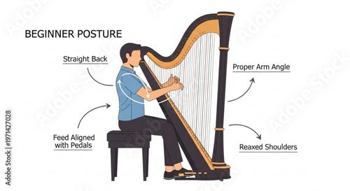 Instructional diagram showing correct beginner harp posture with straight back and aligned feet on pedals for music students learning string instruments