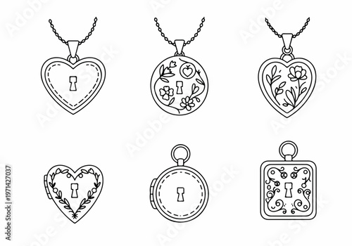 Collection of six vintage-style locket illustrations in line art featuring various shapes like hearts, circles, and squares with keyholes and floral patterns.