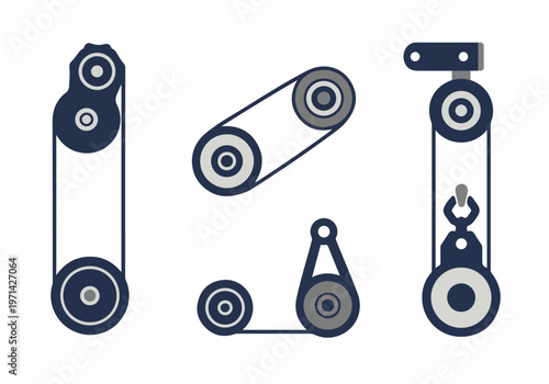 Collection of flat vector illustrations representing different mechanical belt and pulley drive systems for industrial and engineering design concepts.