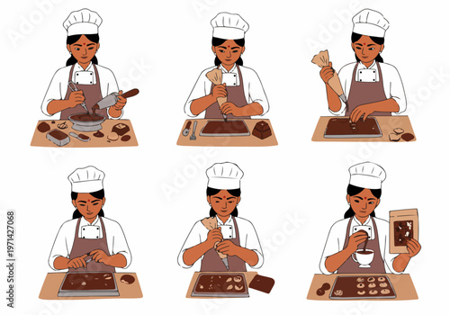 Indian female pastry chef demonstrating the step-by-step process of making handmade chocolates, vector illustration set.