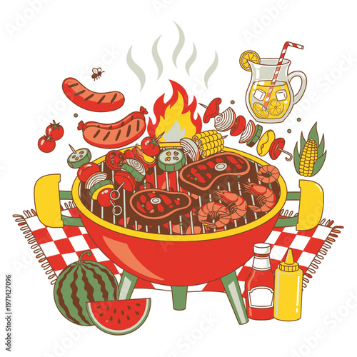 A Colorful And Vibrant Illustration Of A Summer Bbq With Sizzling Food