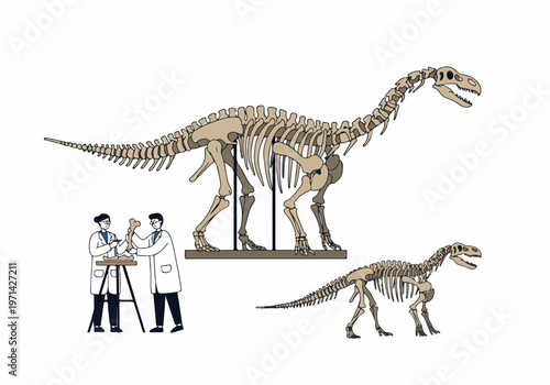 Illustration of Paleontologists Working with Dinosaur Fossils and Skeletons in a Laboratory or Museum Setting