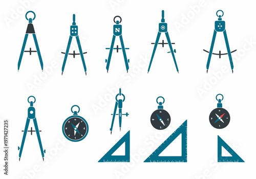 Set of flat vector illustrations of drawing compasses, navigational compasses, and set squares in blue and grey colors, isolated on a white background.