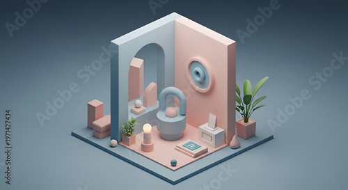 Isometric pixel art diorama of a minimalist room interior with pastel pink and blue decor, featuring a plant, lamp, and abstract shapes, evoking a calm and modern aesthetic