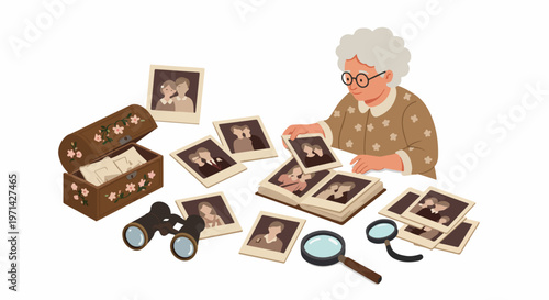 Elderly Grandmother Reminiscing and Organizing Vintage Family Photographs into a Photo Album