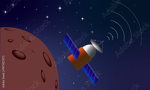 signal de communication dans l'espace avec un satellite et une planète rouge