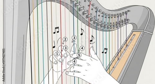 Educational diagram showing correct finger placement and numbering for playing classical harp strings with musical notation symbols in flat illustration
