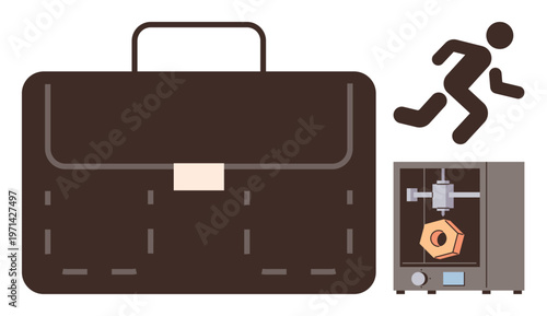 Business, technology, innovation, 3D printing, entrepreneurship, mobility. Brown briefcase, running figure and 3D printer creating an object. Business and technology concept