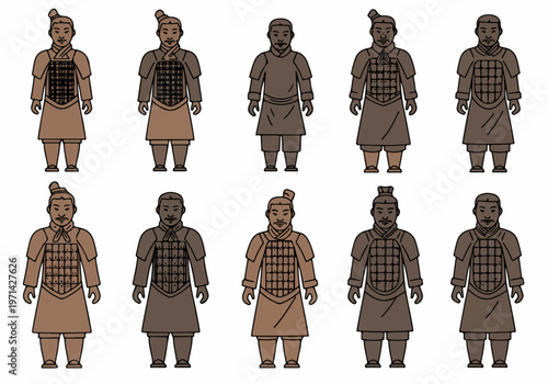 Vector Illustration Set of Ten Stylized Terracotta Army Warriors from Ancient China in Earth Tones