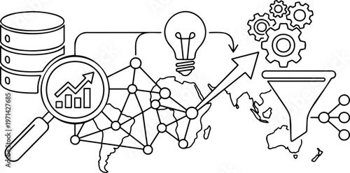 Line art of global data analysis, innovation and sales funnel