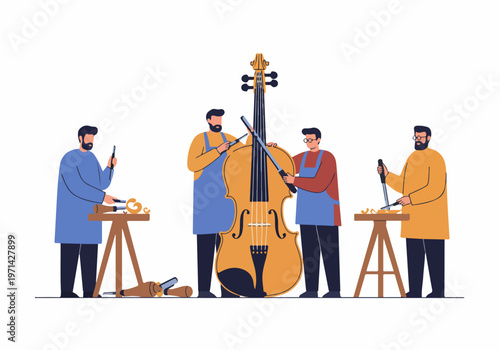 Luthiers Working Together to Craft a Large Double Bass Musical Instrument in a Woodworking Shop Illustration