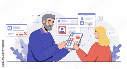 A professional mentor and a young woman collaborating on a digital interface using a tablet in a modern office illustration.