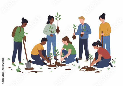 Diverse group of young people working together to plant young trees and saplings, promoting environmental conservation, reforestation, and community teamwork in a flat illustration style.
