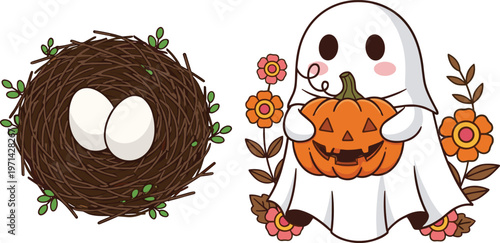 Rustic Bird Nest with White Eggs and a Cute Kawaii Ghost Holding a Jack O’ Lantern Pumpkin Surrounded by Autumn Flowers for Seasonal Decor