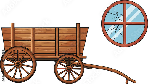 Rustic Vintage Wooden Wagon Cart and Round Broken Glass Window Vector Illustration Set for Farmhouse Decor, Western Themes, and Abandoned House Concepts