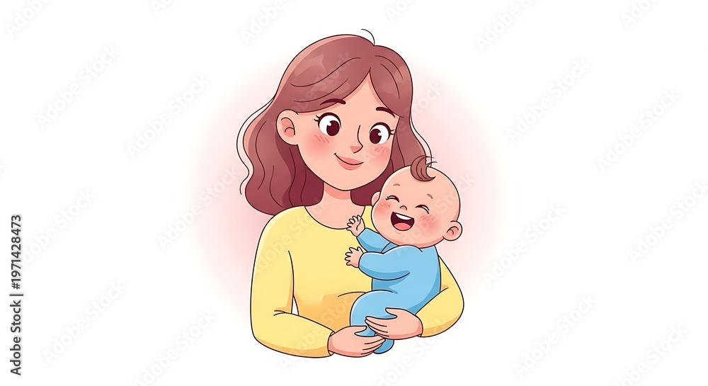 Obraz premium Smiling Mom and Baby Cute Character Illustration Family Love and Care Concept