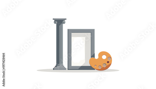 Artistic elements, including a column, a frame, and a palette on a white background. Museum Day.  