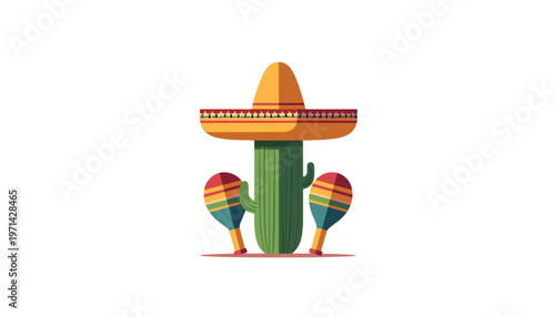 Cactus wearing a sombrero with maracas in colorful design  