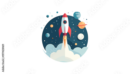Retro rocket launching into space with planets and stars in background  