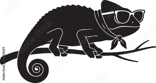 chameleon wearing sunglasses and neckerchief on branch