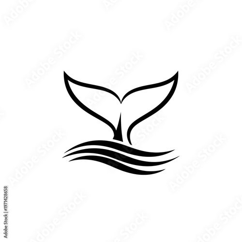 Minimalist whale tail logo design with waves on white background