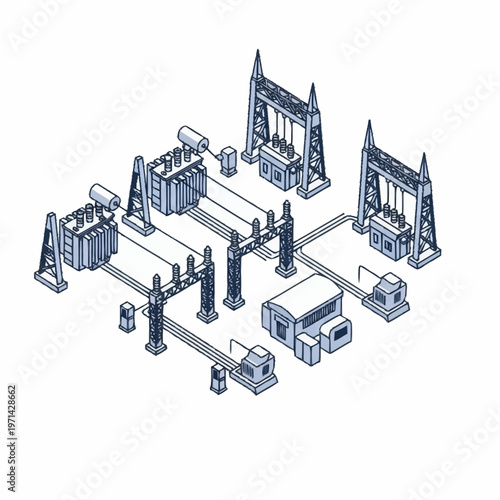 Electrical Substation Power Distribution System Isometric Illustration.