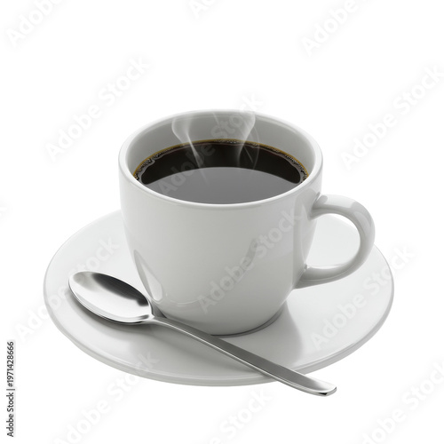 Minimalist white porcelain coffee cup with rich black coffee and delicate steam, silver teaspoon on saucer, isolated on transparent background, concept of morning coffee ritual