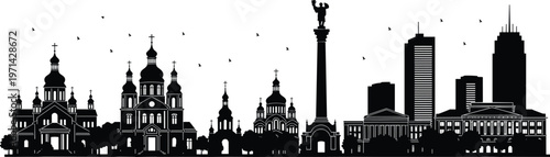 Black silhouette city skyline featuring historic European churches monument column and modern skyscrapers isolated on white background urban architecture illustration