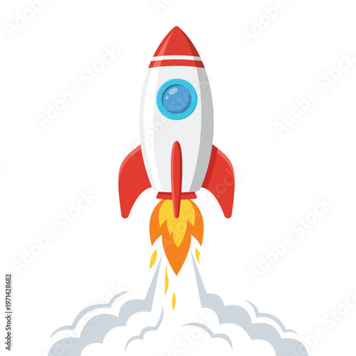 Space rocket launch icon with smoke and fire in flat cartoon style vector illustration, rocket icon, Startup Icon with smoke and fire, Startup Icon, startup symbol, space rocket launch vector icon.
