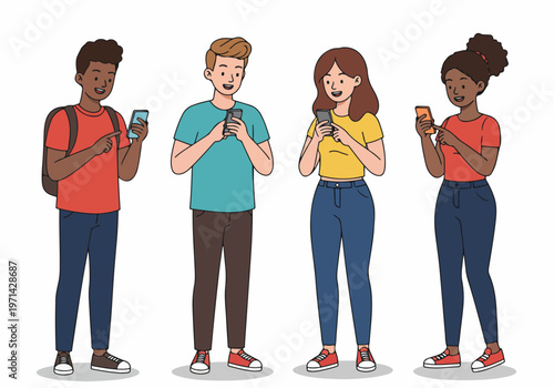 Bild auf Leinwand Diverse group of young friends standing and happily using their smartphones, portrayed in a flat cartoon illustration style on a plain white background