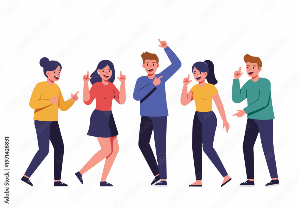 Obraz premium Diverse group of five happy young people standing together and pointing upwards or sideways, in a flat vector illustration style.