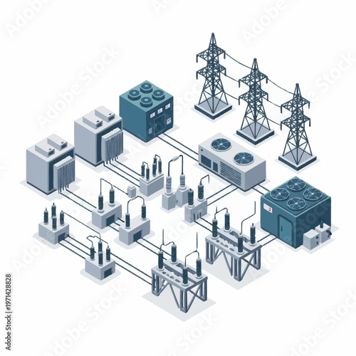 Electrical Substation Power Distribution System Isometric Illustration.