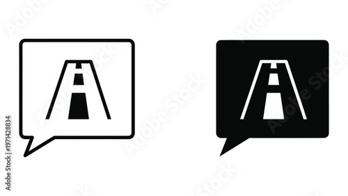 Contrasting speech bubbles with road symbols in white and black backgrounds