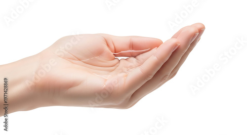 A close up view of a human hand held in a gentle cupping gesture with the palm facing upwardly