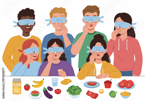 Diverse group of young people participating in a blindfolded taste test with nose clips to explore the sensory connection between smell and taste.
