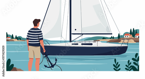 Flat illustration of a man holding an anchor on a coastal shore, looking at a sailboat in a calm bay with houses in background.