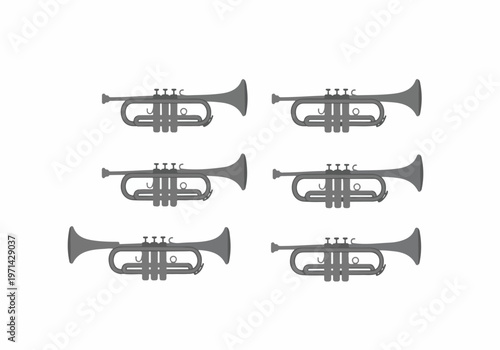 Collection of Six Minimalist Gray Trumpet Icons and Vector Illustrations on a White Background